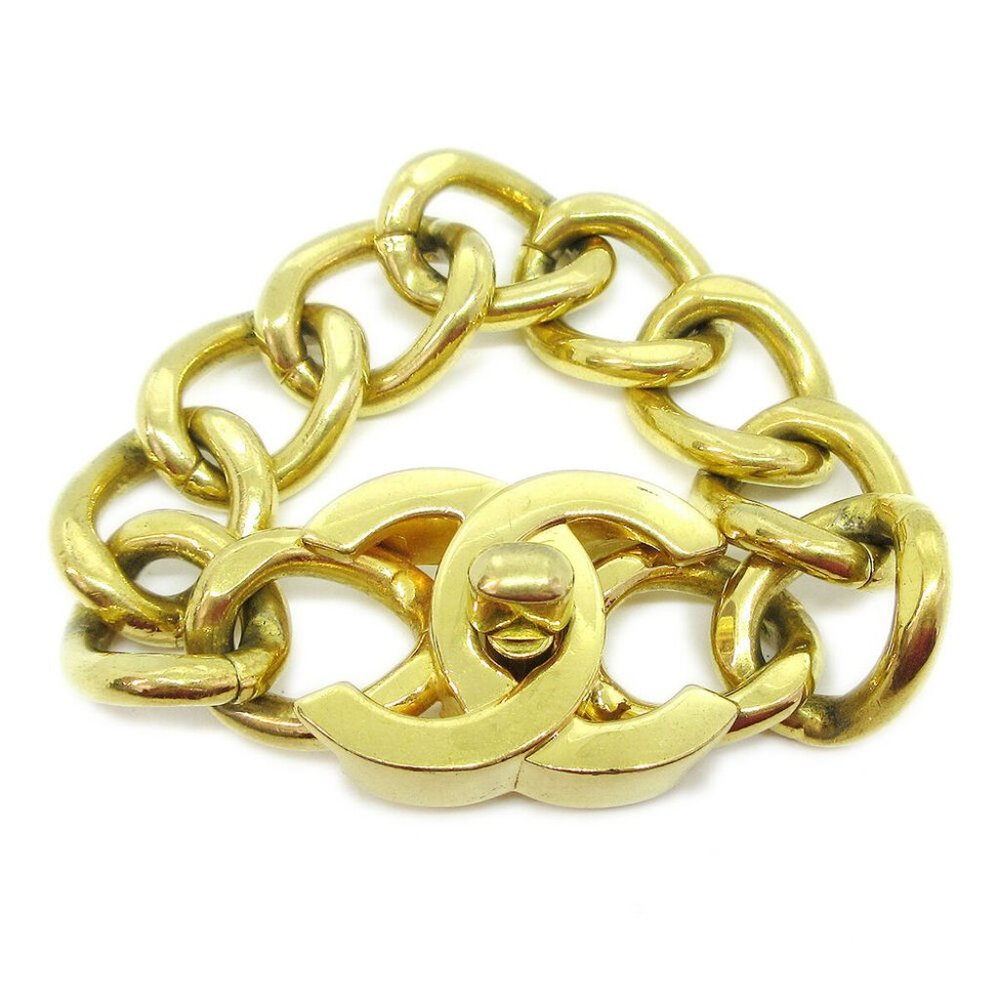 Authentic CHANEL CC Logos Turnlock Motif Charm Gold Chain Bracelet 95A